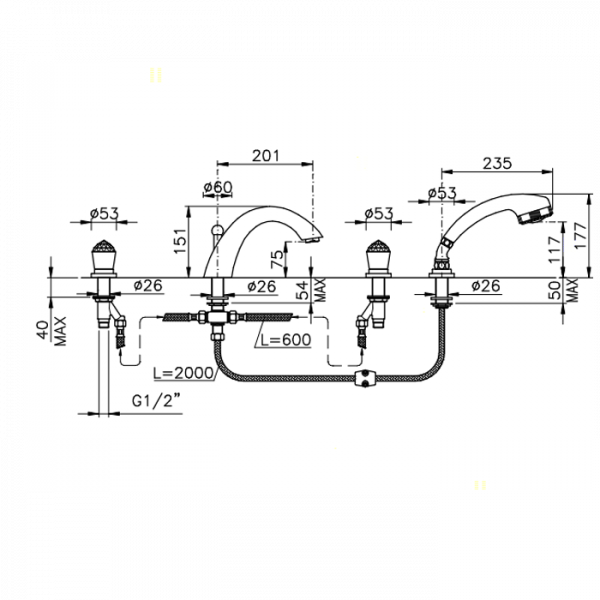 Nicolazzi Cristallo Смеситель на борт ванны, 4 отв., излив: 204 мм, с ручным душем, цвет: хром