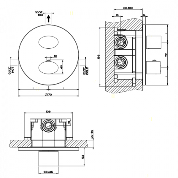 Gessi Ovale Встраиваемый термостатическый смеситель, подключение на 3/4”, с фильтрами, внешняя часть, цвет: хром