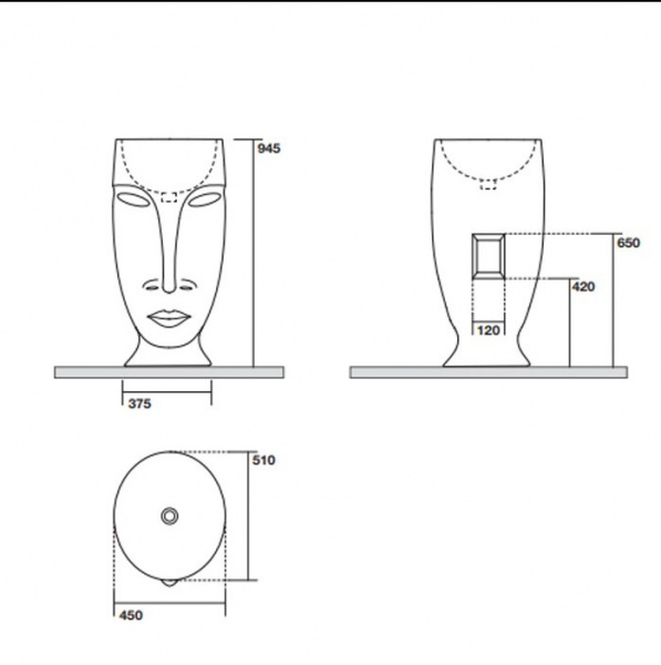 Kerasan Artwork Раковина 45x51x94.5 см, без отв., свободностоящая &quotMOLOCO&quot, слив в стену, цвет: белый/античная платина