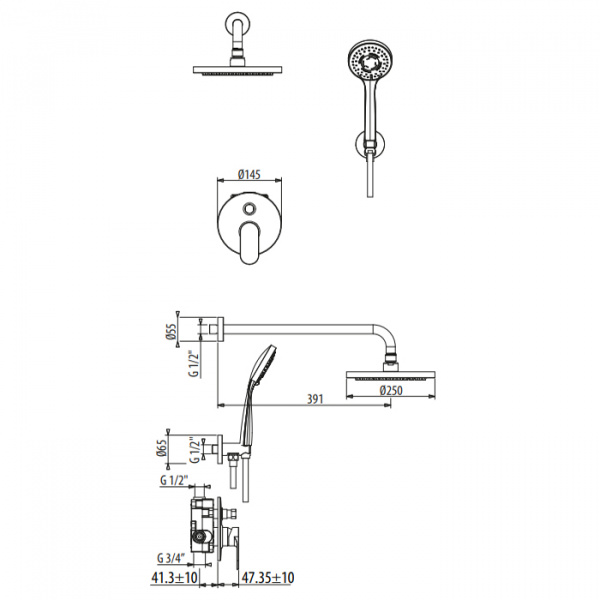 Gattoni H2Omix7000 Комплект для душа со смесителем встроенным на 2 выхода, ручным душем с держателем и верхним душем 250 мм, цвет: хром