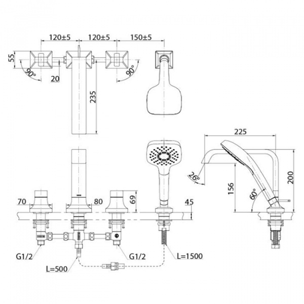 TOTO GC Смеситель для ванны на 4 отв. 480x262x226мм с ручным душем, цвет: хром