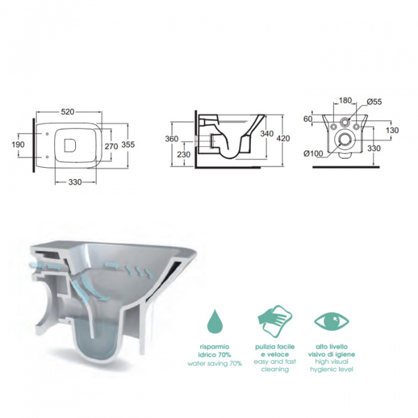 AZZURRA PRUA Унитаз подвесной 52х35см с покрытием easy clean, сиденье на выбор