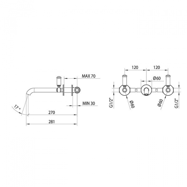 Bossini Liberty Смеситель для раковины на 3 отверстия встраиваемый без заглушки, цвет: хром