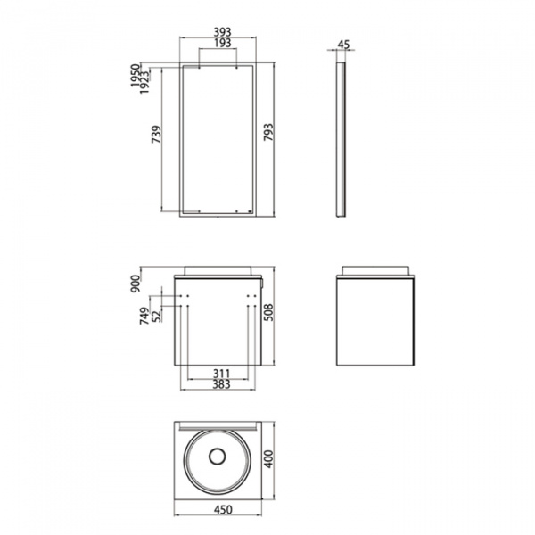 EMCO Asis Комплект мебели, без отверстий для смесителя, зеркало с LED подсветкой, Ручка справа, 45см, белый