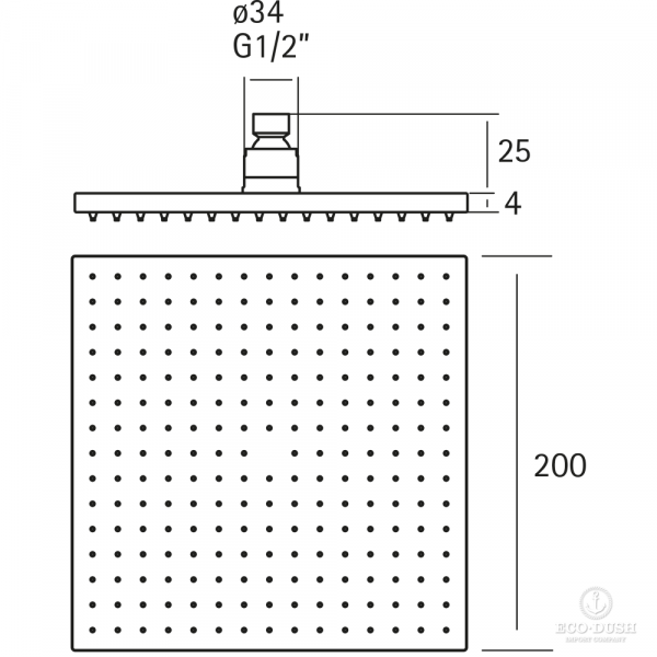 HUBER Lynox Верхний душ 200х200мм, для потолочного крепления, нержавеющая сталь