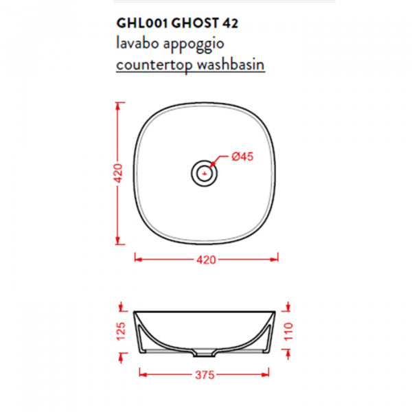 Artceram Ghost Раковина 42 см, без отв., накладная, без слив-перелива, цвет: белый