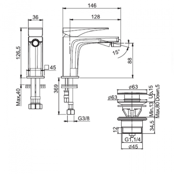 Carlo Frattini Zeta Смеситель для биде, на 1 отверстие, донный клапан click-clack, цвет: чёрный матовый