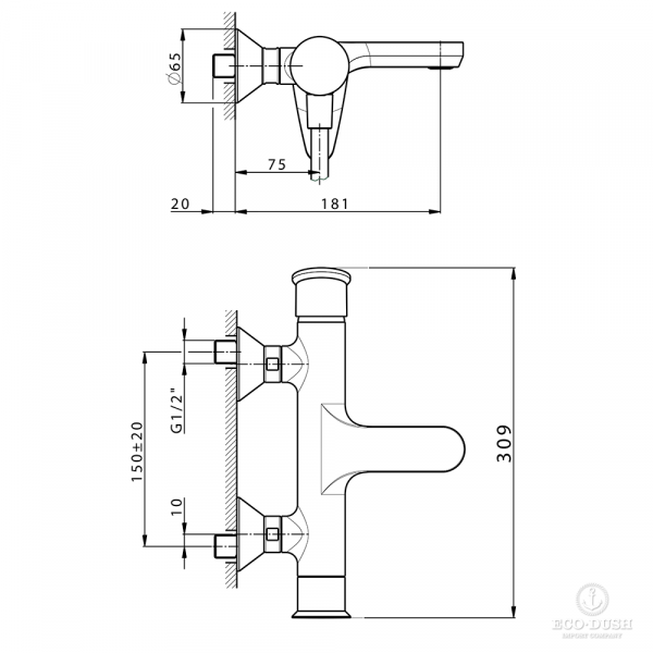 HUBER Harlock Смеситель однорычажный настенный для ванны/душа, цвет: хром,