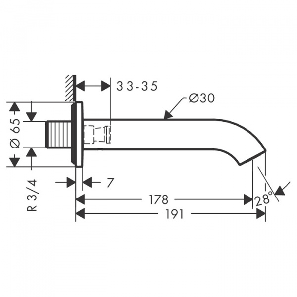 Axor Uno Излив для ванны, 17.8см, настенный, цвет: сталь