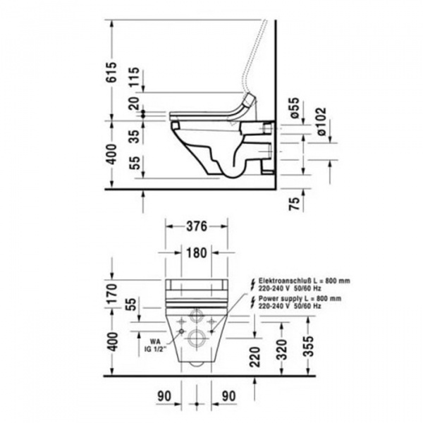 Duravit DuraStyle Унитаз подвесной 62х37см, для крышки-биде Sensowash, с креплением, цвет: белый