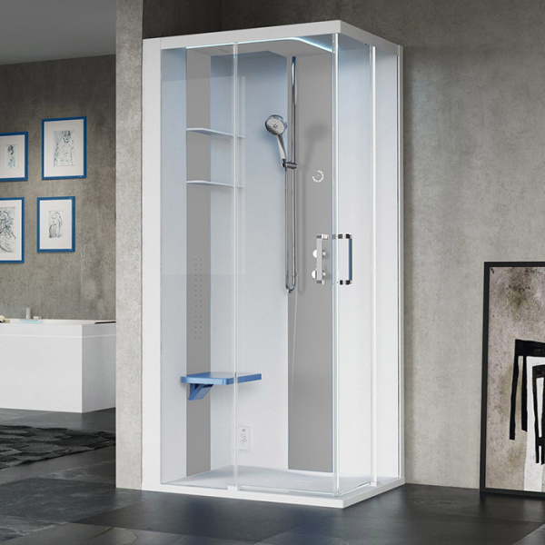 Novellini Skill A Душевая кабина 100х80х217.5cмм., Sx, Essential, поддон 12.5см., с термостатическим смесителем, стекло, цвет: белый глянц/Light grey