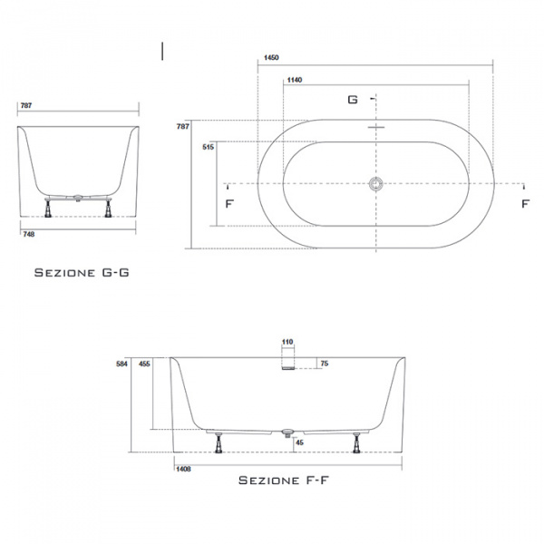Kerasan Nolita Ванна акриловая  отдельностоящая 145х78х58 см, с пробкой click-clack, цвет: белый