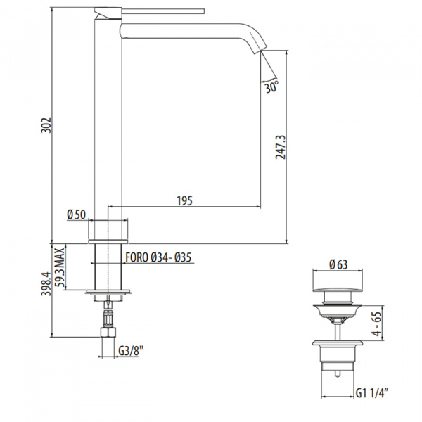Gattoni Circle Two Смеситель для раковины высокий 302 мм, на 1 отверстие, излив 195 мм, с донным клапаном, цвет: хром