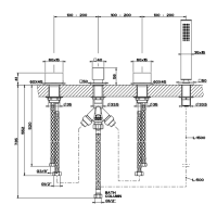 Gessi Rettangolo T Смеситель для ванны на 4 отверстия, с переключателем и ручным душем, без излива, цвет: хром
