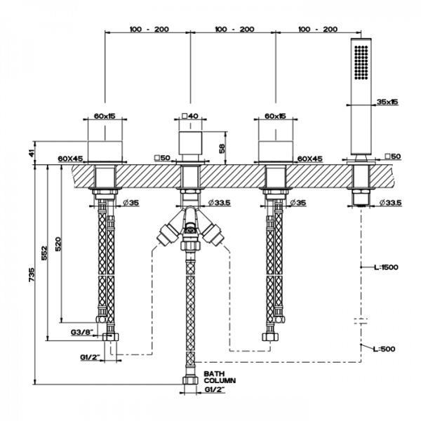 Gessi Rettangolo T Смеситель для ванны на 4 отверстия, с переключателем и ручным душем, без излива, цвет: хром