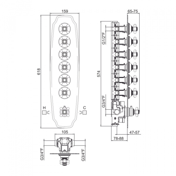 Carimali Colonial Смеситель термостатический, встраиваемый, на 6 выходов, цвет: хром