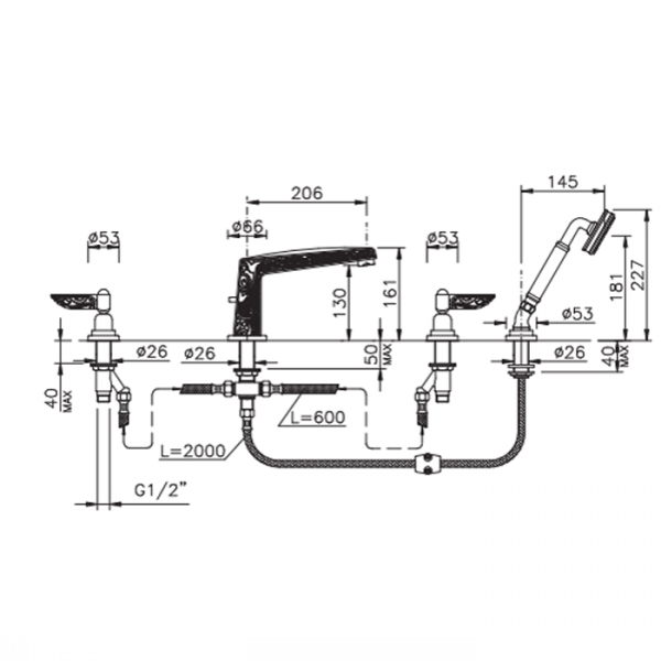 Nicolazzi Liberty Смеситель на борт ванны, 4 отв., излив: 206 мм, с ручным душем, цвет: хром