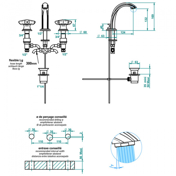 THG Oceania Смеситель для раковины, 3 отв., цвет: золото/прозрачный хрусталь