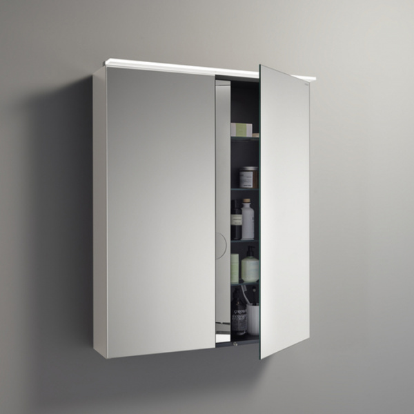 BURGBAD Eqio Зеркальный шкаф с LED подсветкой 5Вт IP24, 90х80х17см,2 зерк двери с обоих сторон, стекл полки, вкл/выкл, цвет: белыйF2009