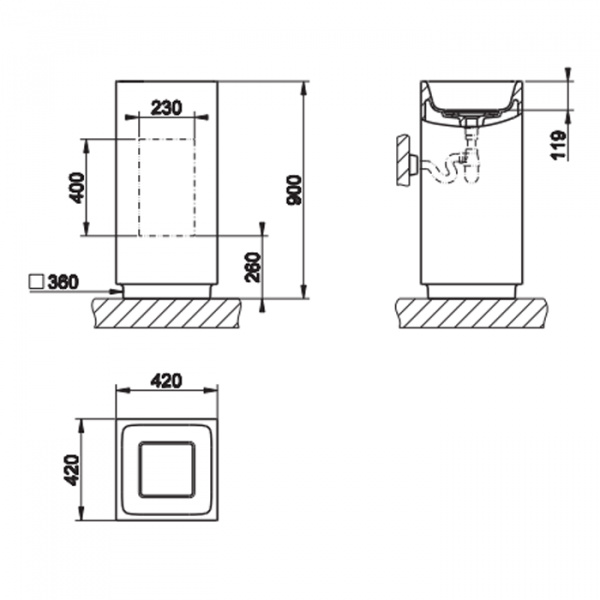 Gessi Rettangolo Раковина 42х42 см, без отв., напольная, слив в стену, с донным клапаном и сифоном, цвет: матовый белый