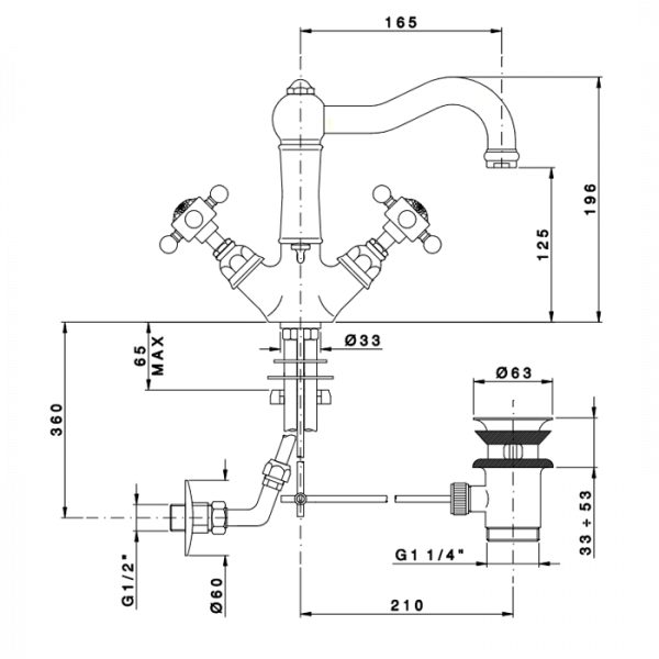 Nicolazzi P.M.Blanc Смеситель для раковины с 2мя ручками, на 1 отв., с донным клапаном, излив 165мм, цвет: хром