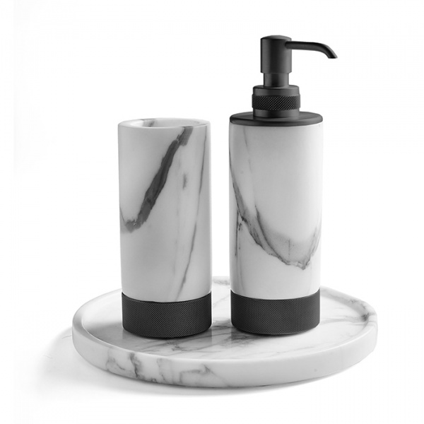 3SC Apuana 2.0 Комплект: стакан, дозатор и лоток, цвет: мрамор Bianco Statuario/черный матовый