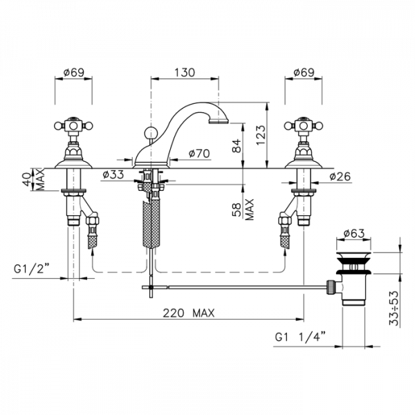 Nicolazzi Half Dome Crystal Смеситель для раковины на 3 отверстия, с донным клапаном, излив: 130 мм, цвет: хром