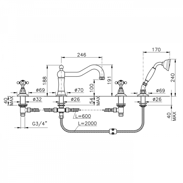 Nicolazzi Cristallo Liberty Смеситель на борт ванны с душем на 4 отверствия, излив: 246 мм, цвет: хром