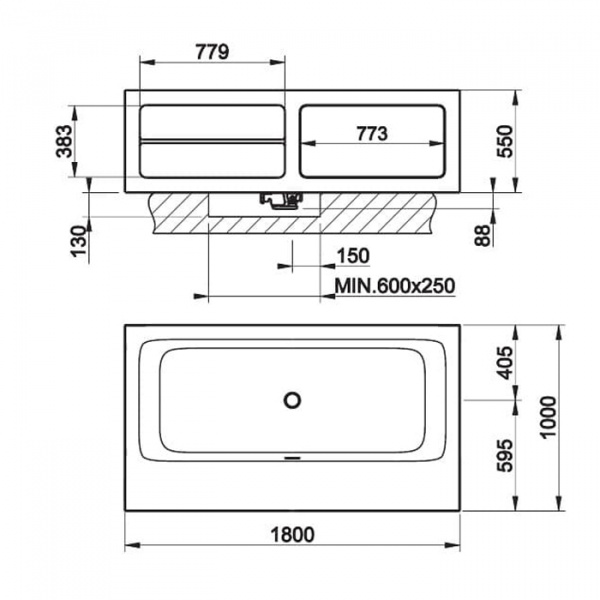 Gessi Rettangolo Ванна отдельностоящая 180х100x55см, с открытыми полками SX и съемной панелью DX, цвет: матовый белый