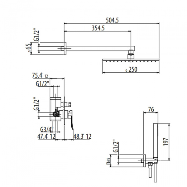 Gattoni Soffio Душевой комплект с встраиваемым смесителем, верхн душ 25х25см., ручн душ, шланг 150см, цвет: черный матовый