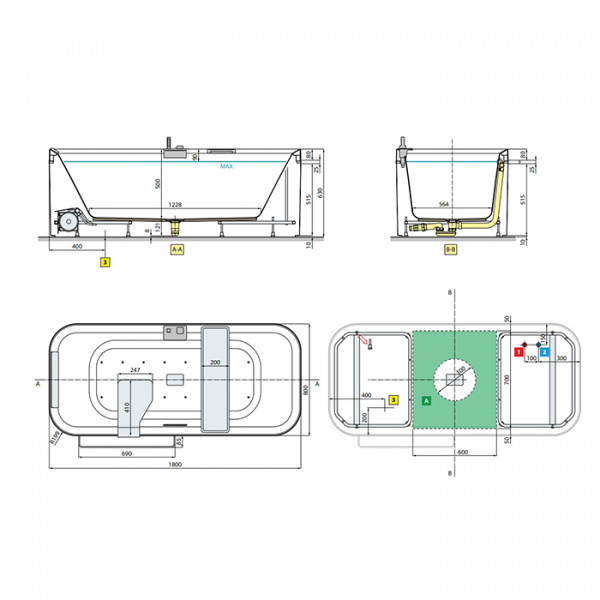 Novellini Divina F Ванна отдельностоящая 180х80х63cм., с полкой и полотенцедержателем, смеситель, слив-перел