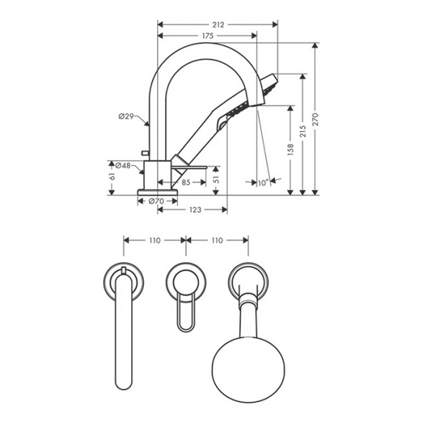 Axor Uno Смеситель на борт ванны, на 3 отв., с ручным душем, цвет: шлифованный никель