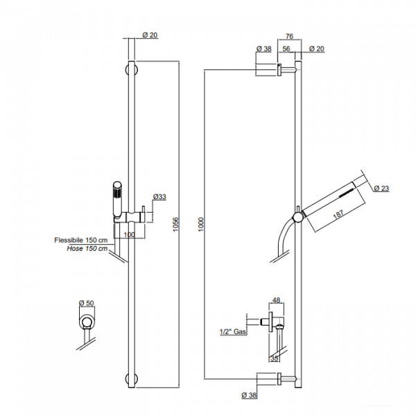 Antonio Lupi Bikappa Ручной душ с держателем на штанге и отдельным настенным выпуском, шланг 150 см., цвет: хром