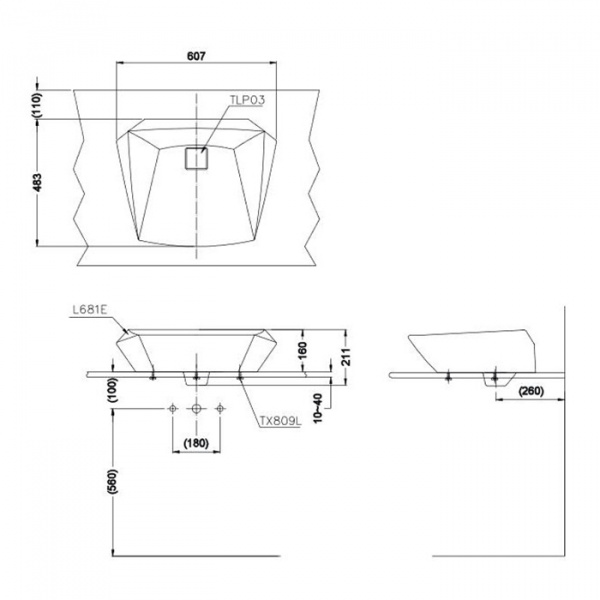 TOTO Jewelhex Раковина 60.7х48.3 см, без отв., цвет: белый
