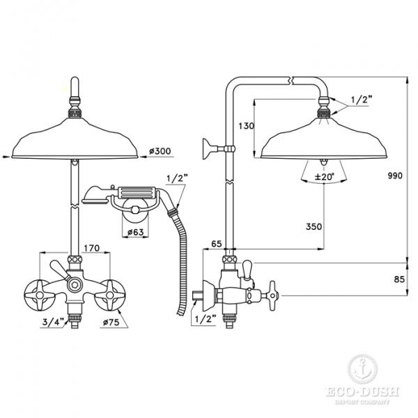 Stella Italica Душевой комплект 3284/33-300: смеситель, штанга+ручной+верхний душ 300мм, цвет: хром