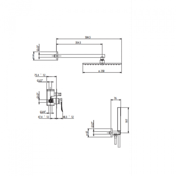 Gattoni Soffio Душевой комплект, смеситель встроеный с внутр частью, ручная лейка. душевая головка 250мм.цвет: хром