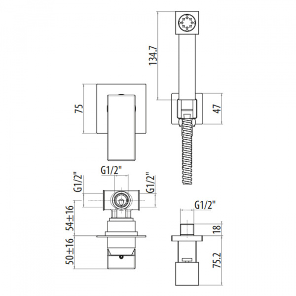 Gattoni Kubik Гигиенический душ со встроенным смесителем GBOX SC070, цвет: черный матовый