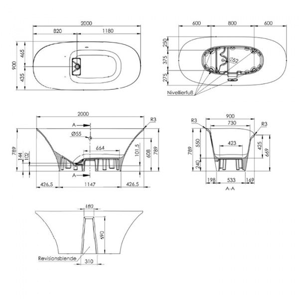 BURGBAD Badu Ванна из минер.литья отдельностоящая овальная 200х90х79 см,  со слив переливом  в отделке хром