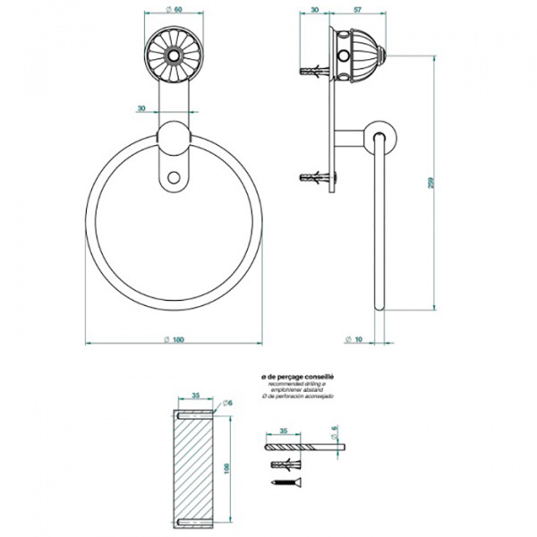 THG Amboise Jaspe rougе Держатель - кольцо 18см., подвесной, цвет: золото