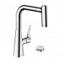 Hansgrohe Metris Select M71 Смеситель для кухни, на 2 отв, поворотный излив: 21.1см с вытяжным душем, 2jet, h:22см, sBox, кнопка вкл/выкл, цвет: хром