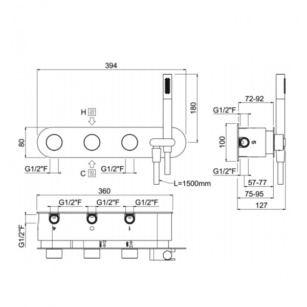 Carimali Встраиваемая часть для горизонтального прогресивного смесителя c держателем для душа, 5 выходов,.цвет: хром