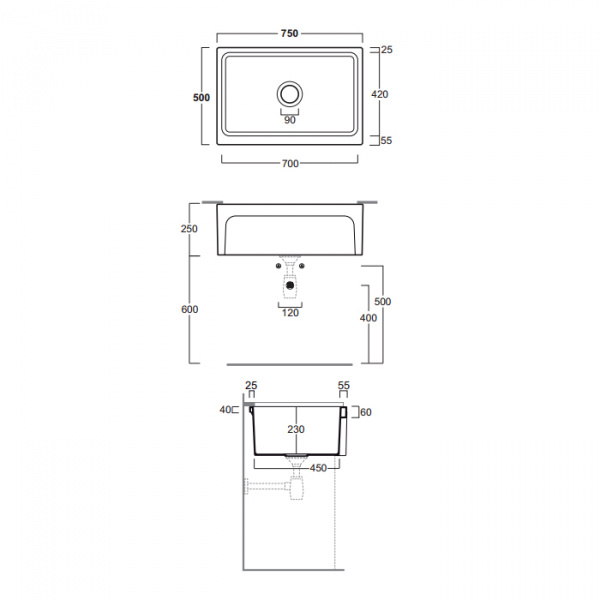 SIMAS Раковина 75 см, без отв., кухонная, цвет: белый