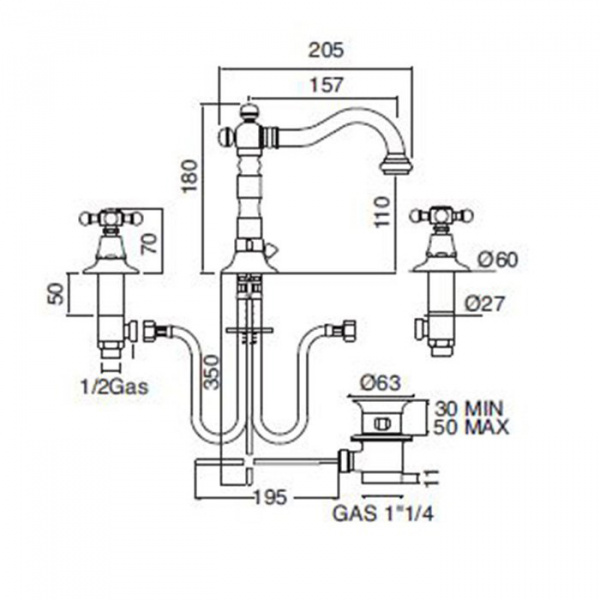 Sbordoni Londra Смеситель для раковины на 3 отв. с донным клапаном, излив 157мм, h110мм, цвет: матовая бронза