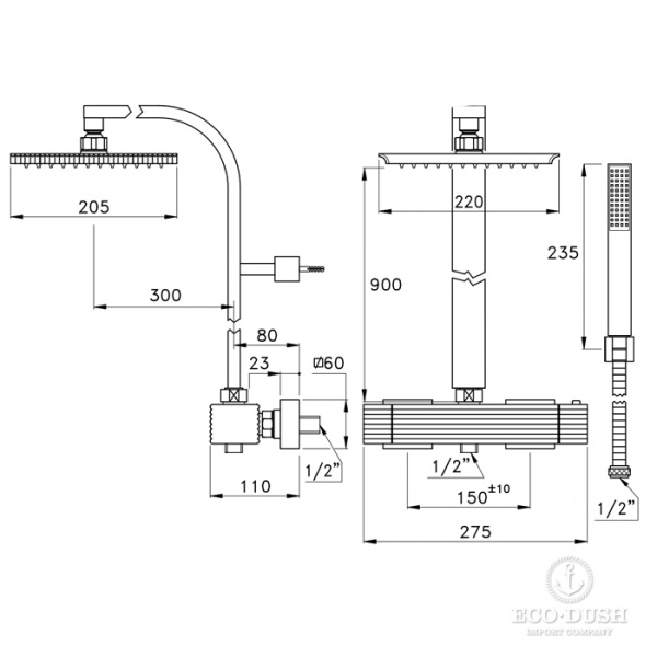 Stella Casanova Душевой комплект 3287TM/33: термостатический смеситель, верхний+ручной душ, цвет: хром