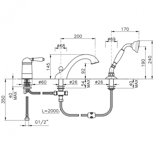 Nicolazzi P.m. Blanc Смеситель на борт ванны на 3 отверстия, с изливом 200мм и ручным душем, ручки белая керамика, цвет: золото