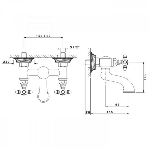 Nicolazzi Impero Смеситель для ванны настенный на 2 отверствия, цвет: хром