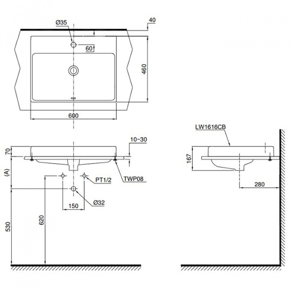 TOTO MH Раковина 60x46x16.7 см, 1 отв., полувстраеваемая, CeFiONtect, цвет: белый