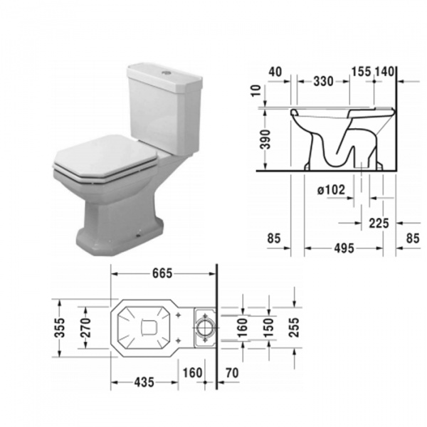 Duravit 1930 Унитаз моноблок с отдельным бачком (с механизмом слива хром), 66.5х35.5см, слив в пол, Цвет: Белый