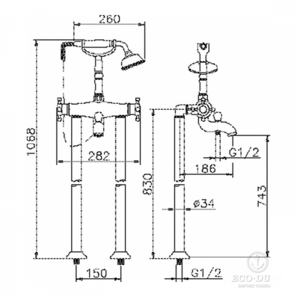 HUBER Victorian Смеситель термостатический напольный для ванны с ручной лейкой на держателе и шлангом 150 см, цвет: хром