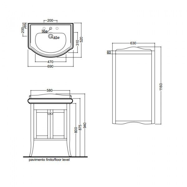 Kerasan Retro База под раковину с закругленным фасадом, 69 см, цвет: noce (!уценен!)